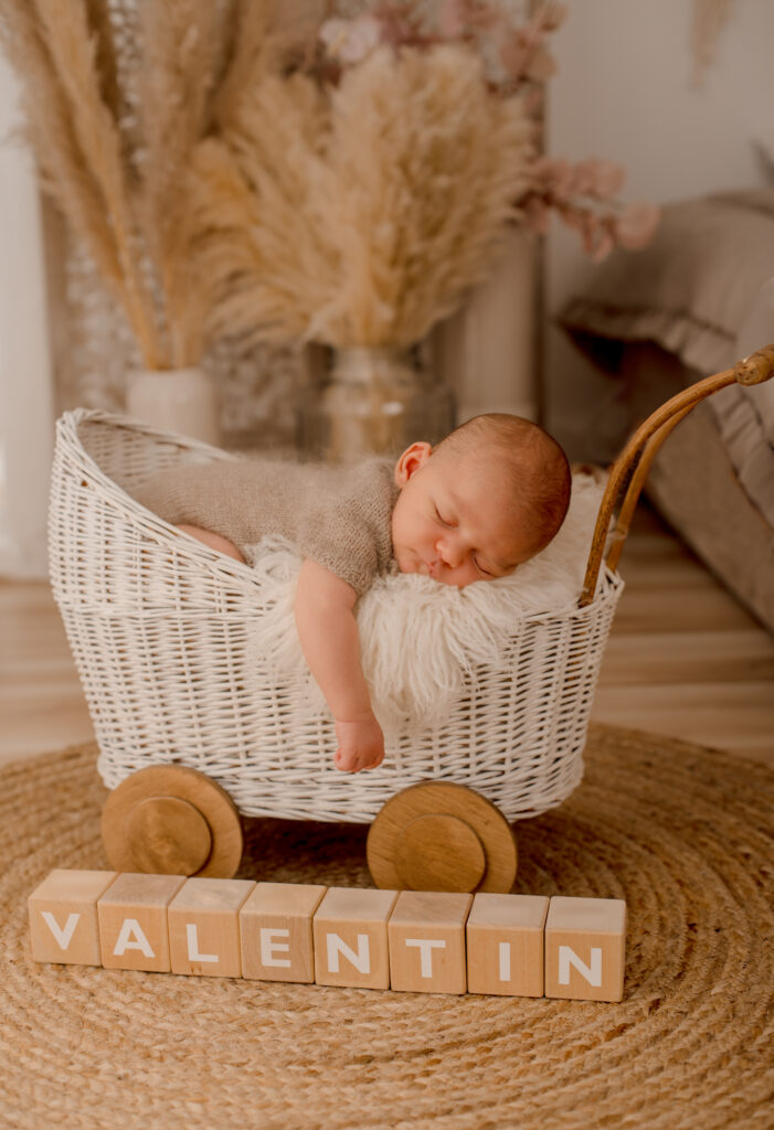 Schlafendes Baby im Kinderwagen beim Babyfotoshooting